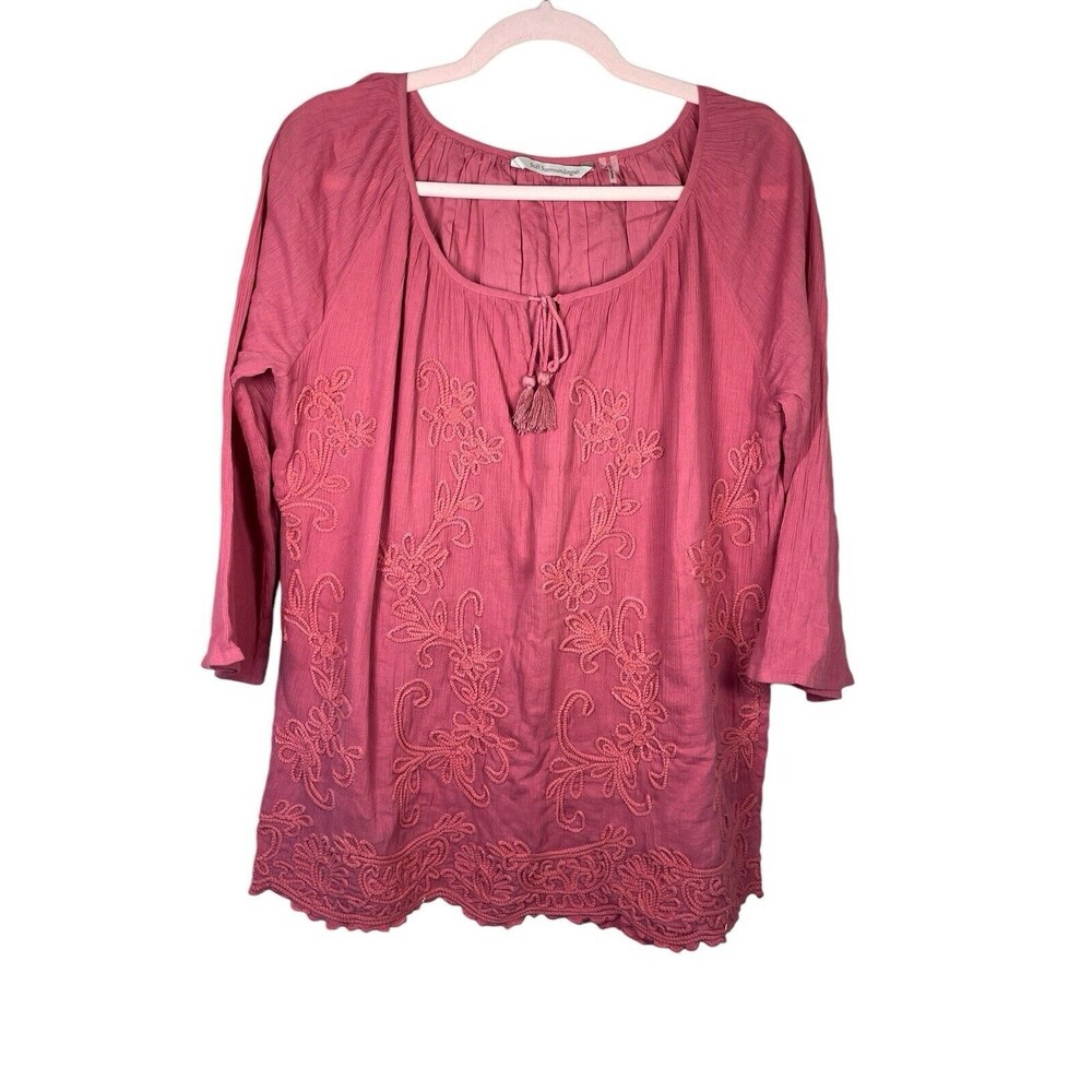 Soft Surroundings Crinkle‎ Gauze Shirt medium Pink Embellished 3/4 Sleeve Women